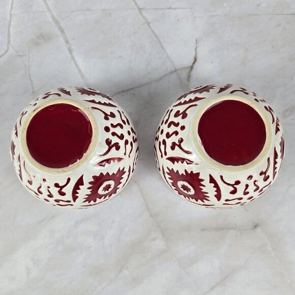 Set of 2 Small Turkish Bowls Red White Embossed Ceramic Trinkets Food Safe - Picture 3 of 7